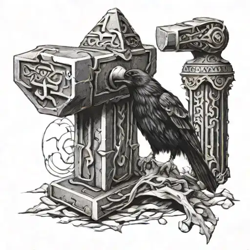 Thors Hammer With Raven Perched