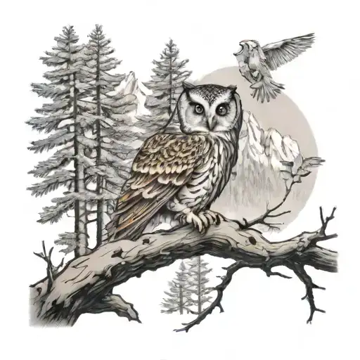 Mountains With A Forest Below And Owl Sitting In A Tree
