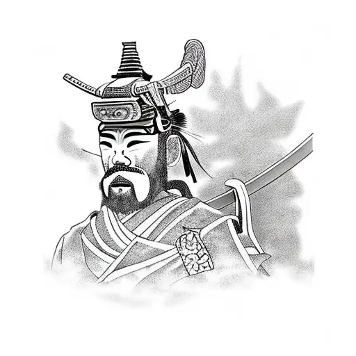 Cool Samurai With Katana And Temple Behind With Nature