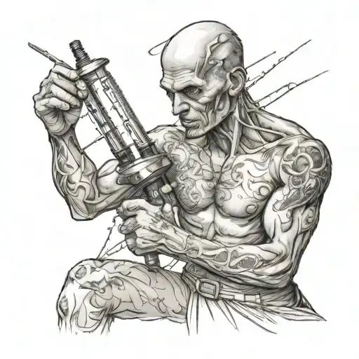 Skinny Man Holding A Syringe Symbolizing Strength
