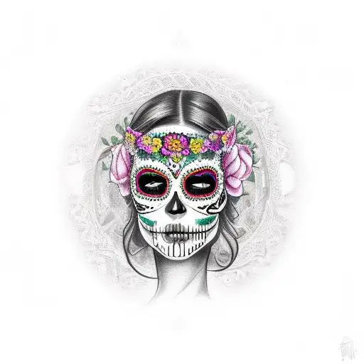 Beautiful Woman Face With Mexican Day Of The Dead Skull Makeup And Traditional Mexican Hat