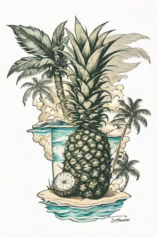 Half Pineapple And Beach Scene Inside