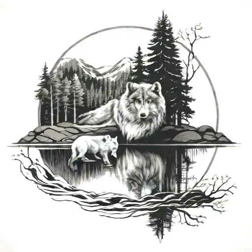 Yin Yang Symbol Half Forest And Lake Scene Half Artic Wolf