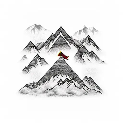 Mountains Black And White With Tibetan Prayer Flags In Colour