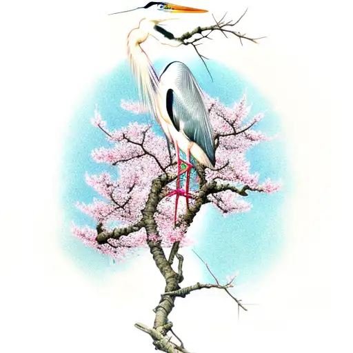 A Heron Sitting On A Branch Of A Sakura Tree With Pink Flowers Around