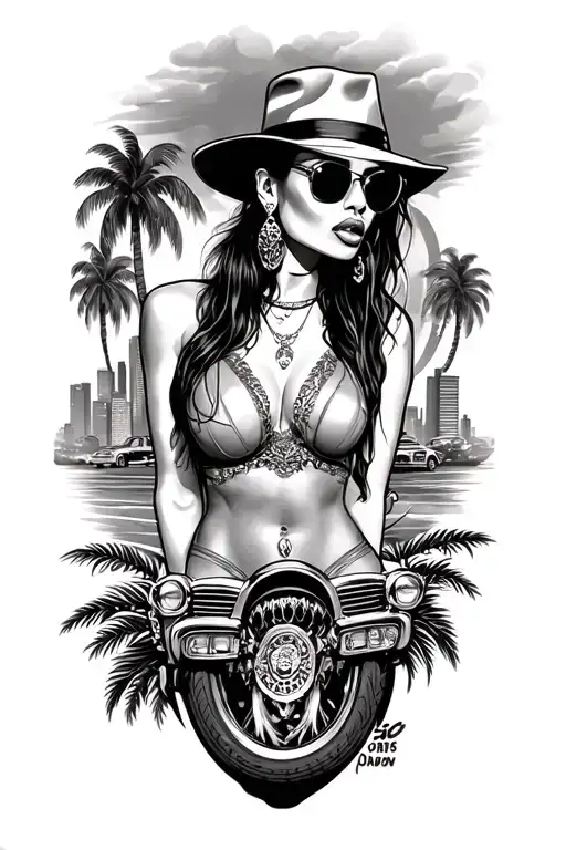 Gangster Chicano Art With A Hot Chick A Low Rider And A City And Palm Trees In The Background