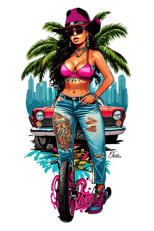Gangster Chicano Art With A Hot Chick A Low Rider And A City And Palm Trees In The Background
