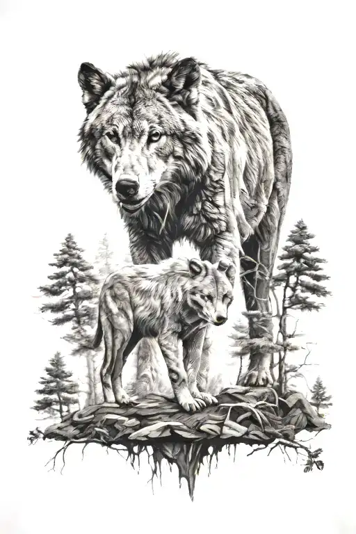 Grey Wolf In Forest And Elephant