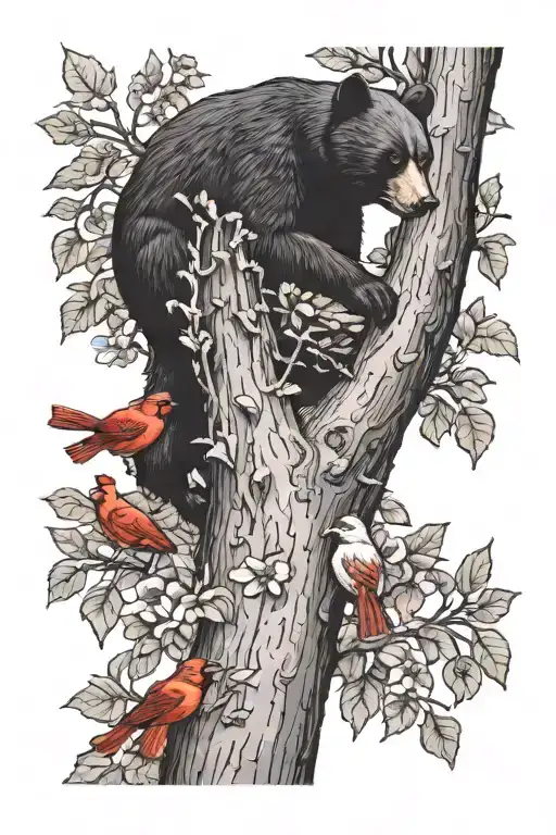 Black Bear With Beehive In Tree With Cardinals