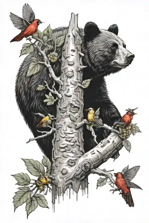 Beehive Bees Black Bear With Tree With Cardinals