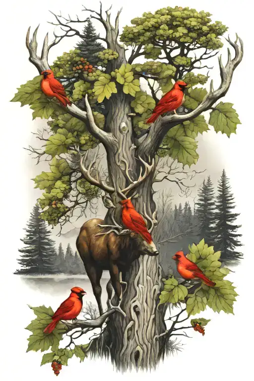 Stag Under Tree With Black Bear Beehive And Cardinals
