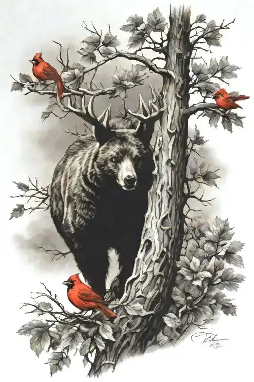 Buck Under Tree With Black Bear Beehive And Cardinals