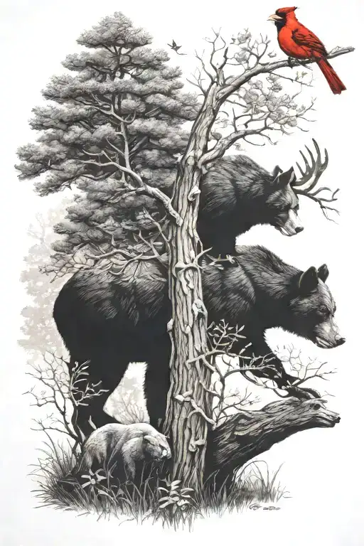 Buck Under Tree With One Black Bear Beehive And Cardinals