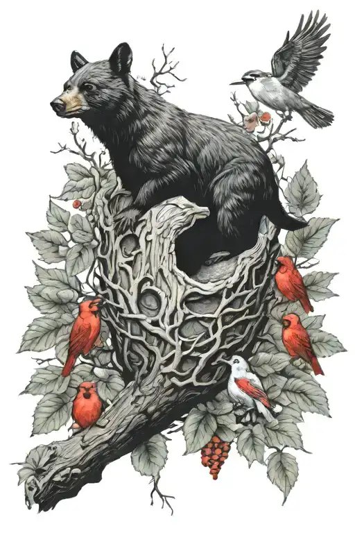 Black Bear Deer Bees Nest Tree With Cardinals