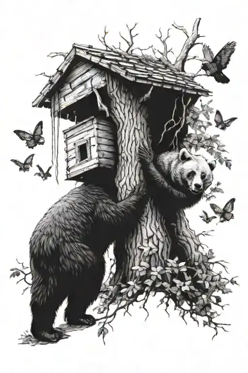 Honey Beehive In Tree With Black Bear Trying To Take It