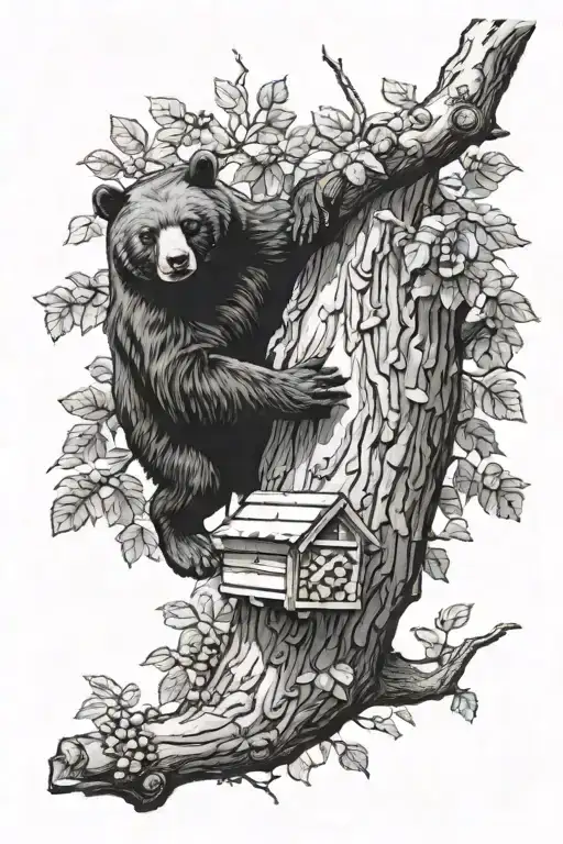 Honey Beehive Hanging On Tree Branch With Black Bear Trying To Reach It