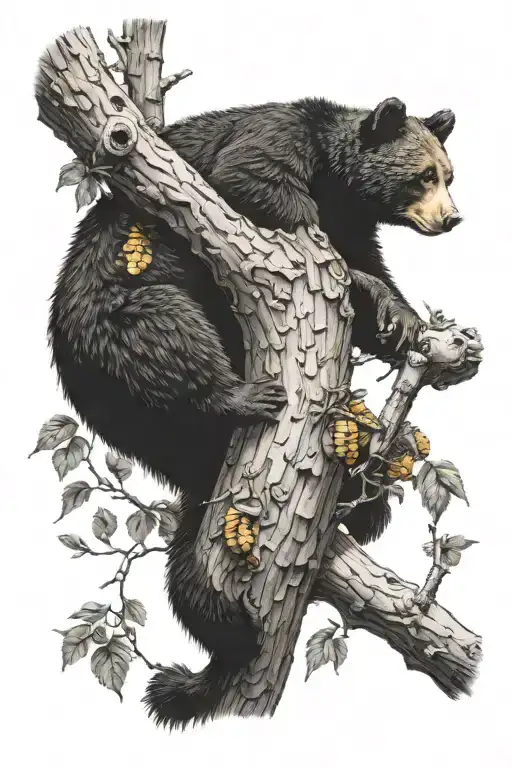 Honey Beehive Hanging On Tree Branch With Black Bear Cub Trying To Reach It