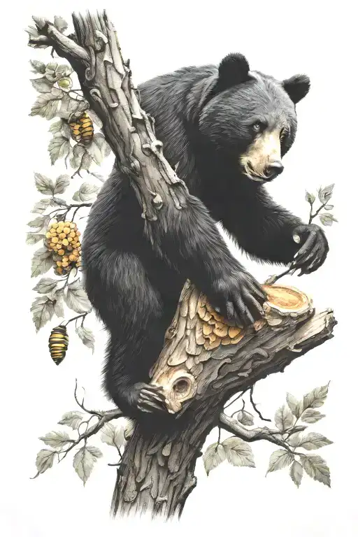 Honey Beehive Hanging On Tree Branch With Black Bear Cub Trying To Reach It