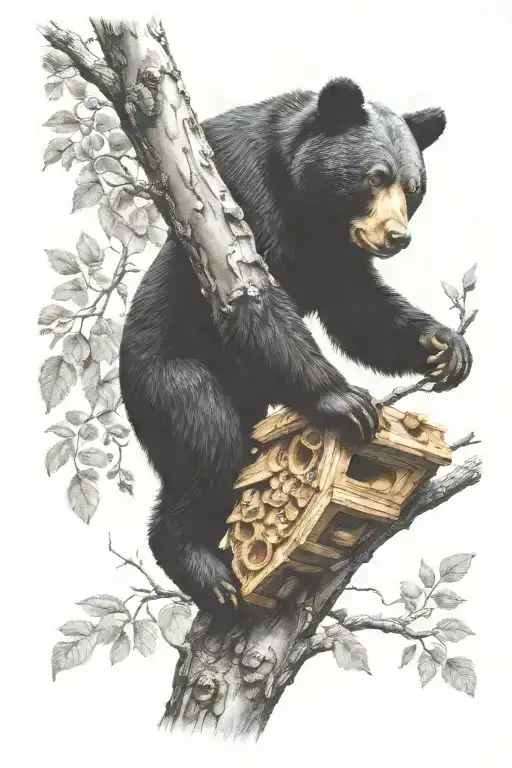 Honey Beehive Hanging On Tree Branch With Black Bear Cub Trying To Reach It