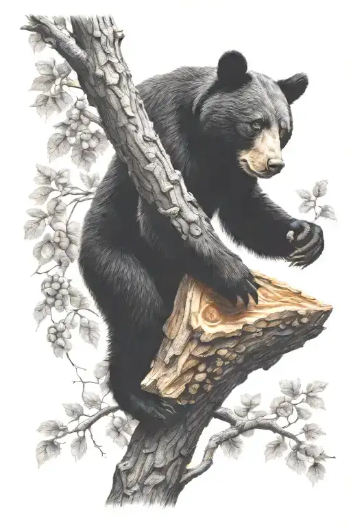 Honey Beehive Hanging On Tree Branch With Black Bear Cub Trying To Reach It