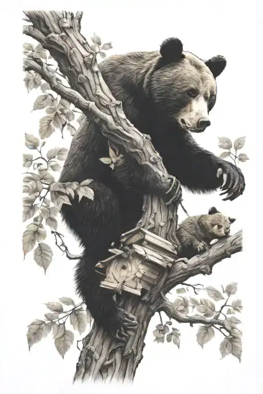 Honey Beehive Hanging On Tree Branch With Black Bear Cub Trying To Reach It