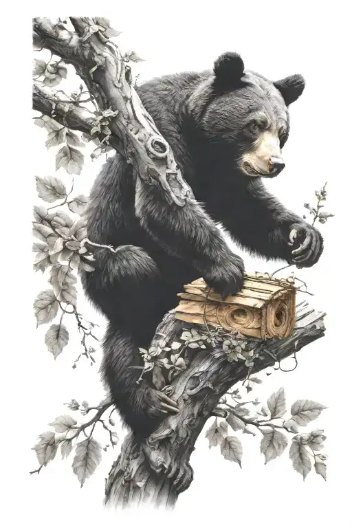 Honey Beehive Hanging On Tree Branch With Black Bear Cub Trying To Reach It