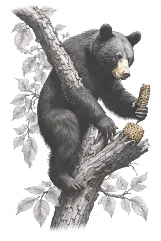 Black Bear Climbing Tree To Get To Honey Beehive With Bear Cub