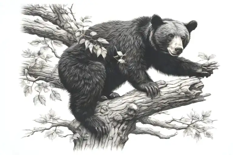 Black Bear Climbing Tree To Get To Honey Beehive With Bear Cub