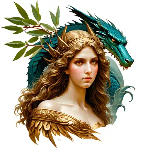 Athena Greek Goddess Surround By Olive Tree Branch With A Dragon Behind Her