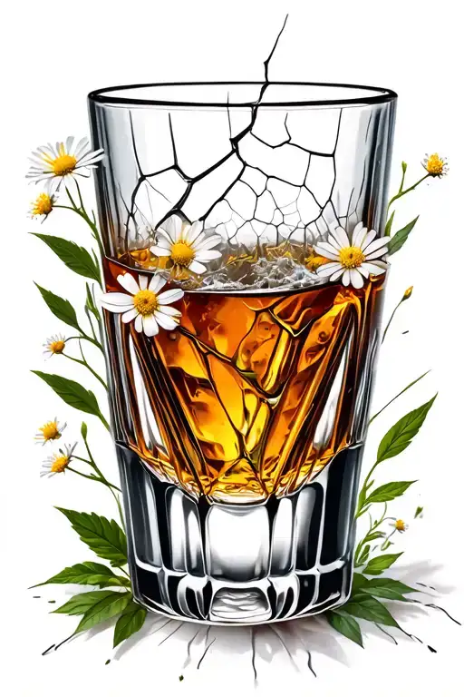 Broken Whiskey Glass With Cracks And Small Flowers Growing From Cracks