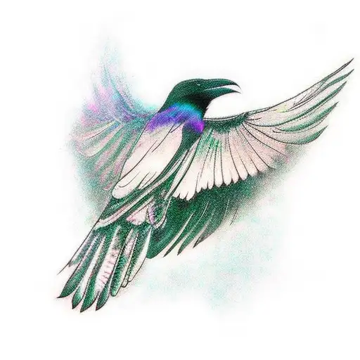 Full Body Black Raven Flying To The Right With Purple Highlights Semi Jagged Feathers