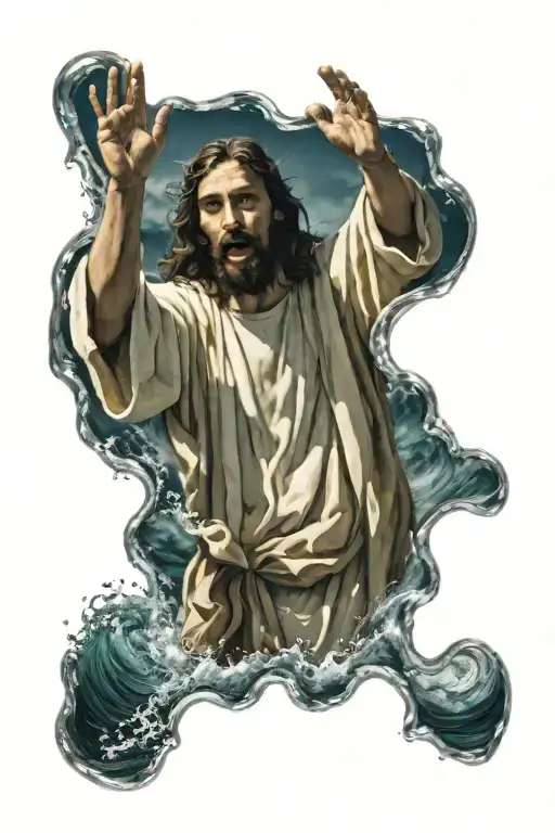 Jesus Pulling Hand Out Of Water Waves