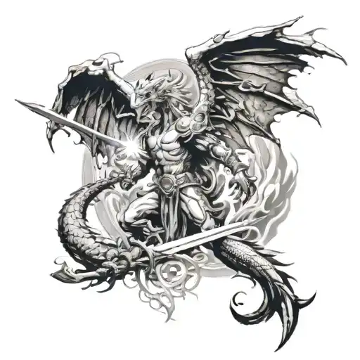 Fire Breathing Dragon Angel Wings Sword Surrounded