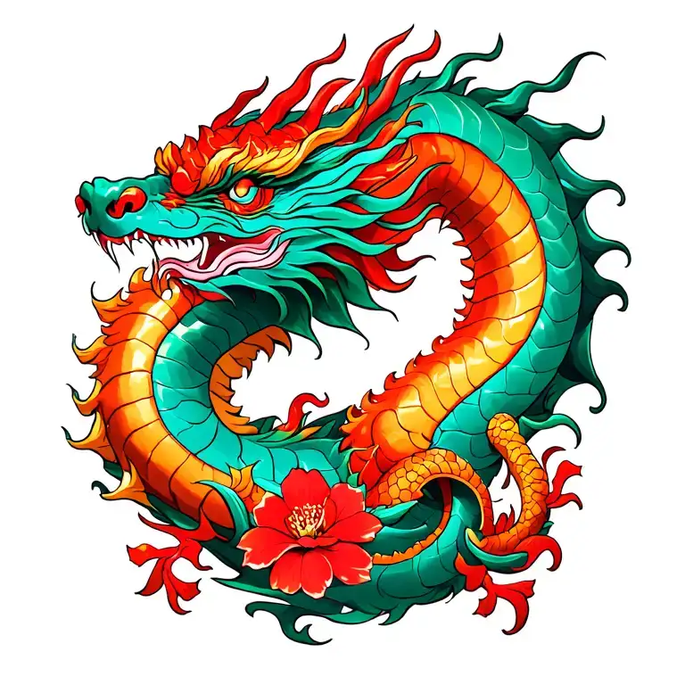 Chinese Dragon With Flower Red