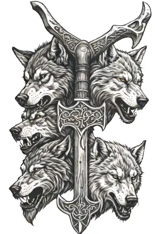Two Viking Axes Crossed Under A Wolf