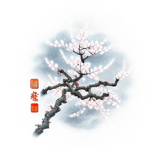 Smoky Clouds With Plum Blossom Branches Around A Chinese Dragon