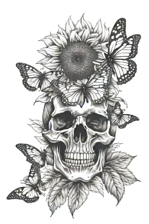 Skull Sunflower Blooming With Butterfly Perched