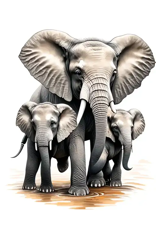 Front Facing Mother Elephant With Two Baby Elephants Holding Trunks In Front