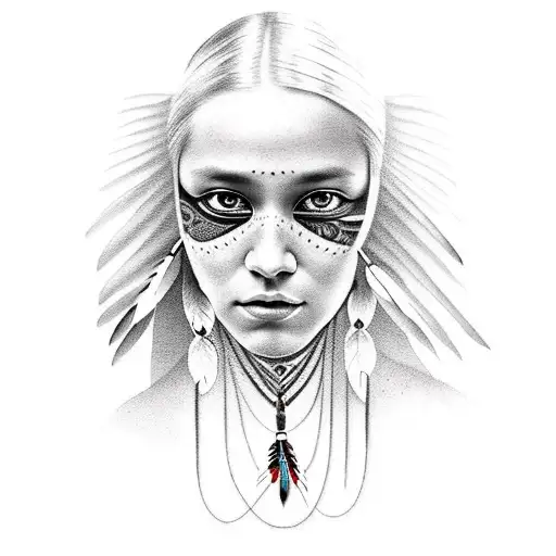Native American Girl With Face Reflection In Lake