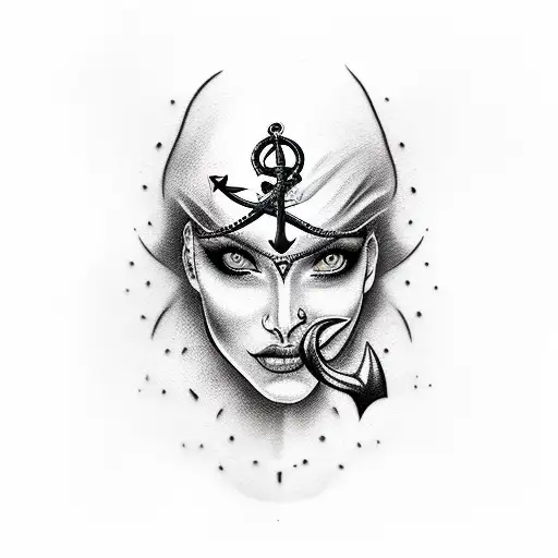 Woman Face With Pirate Flag And Anchor