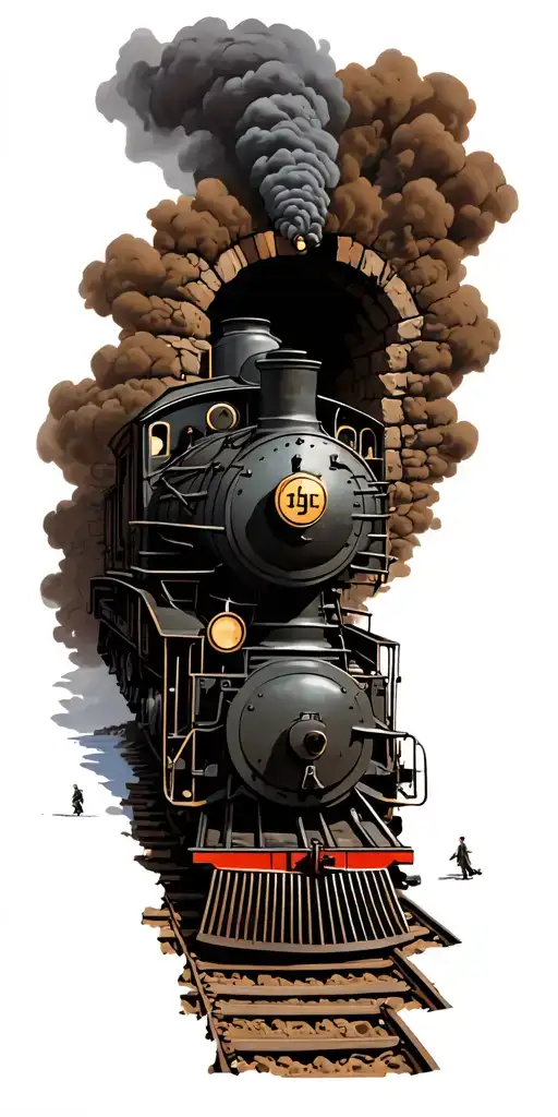 Old Locomotive Coming Out Of A Tunnel Being Robbed By Bandits