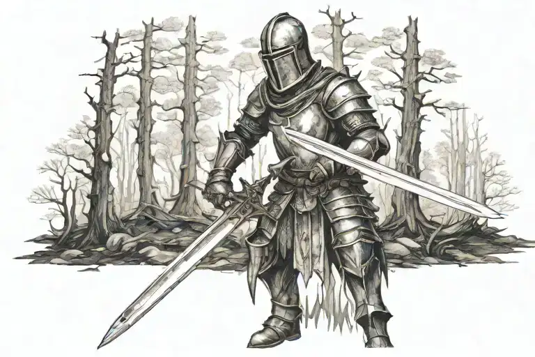 A Knight With A Sword In A Burnt Forest On The Fore-stove