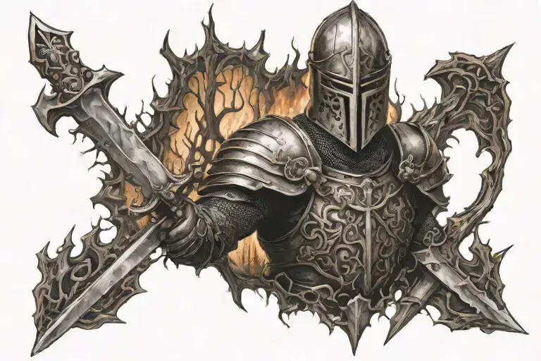 A Knight With A Sword In A Burnt Forest On The Fore-stove