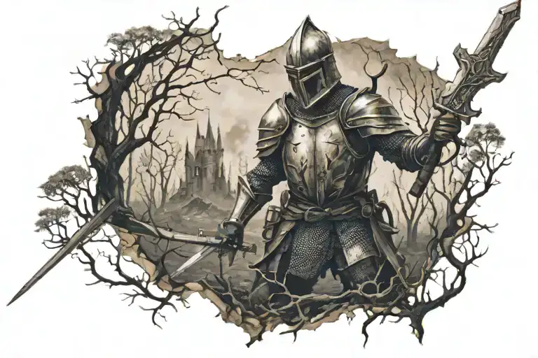 A Knight With A Sword In A Burnt Forest On A Torn Piece Of Land