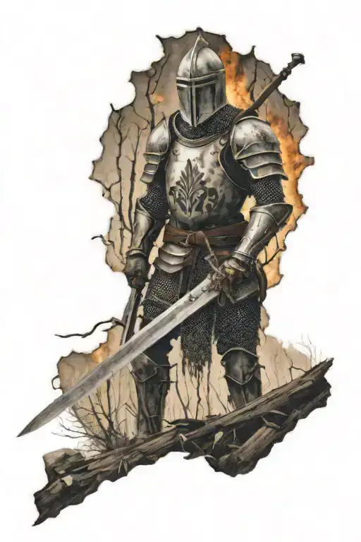 A Knight With A Sword In A Burnt Forest On A Torn Piece Of Land