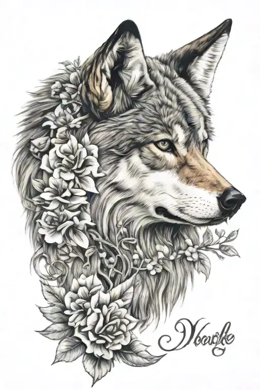 Howling She Wolf Head With Flowers