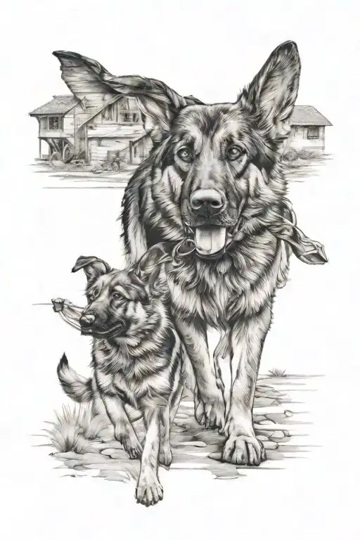 German Shepherd And Little Boy Walking