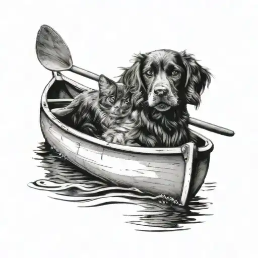 Cat And Cocker Spaniel Paddling Canoe
