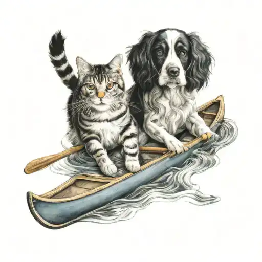 Cat And Spaniel Paddling Canoe Floating
