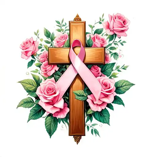Cross With Roses And Cancer Ribbon